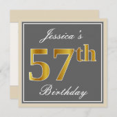 エレガントグレー、フェイク金ゴールド57番目の誕生日+名前 招待状 (正面/裏面)