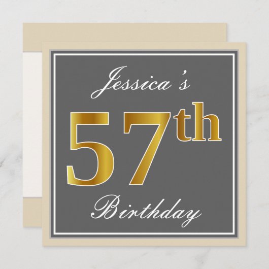 エレガントグレー、フェイク金ゴールド57番目の誕生日+名前 招待状 (正面/裏面)