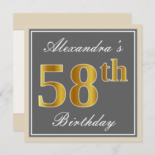 エレガントグレー、フェイク金ゴールド58番目の誕生日+名前 招待状 (正面/裏面)