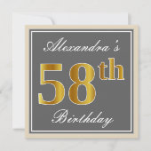 エレガントグレー、フェイク金ゴールド58番目の誕生日+名前 招待状 (正面)