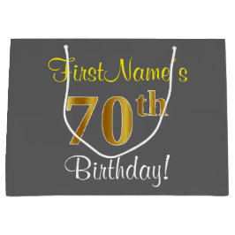 エレガントグレー、フェイク金ゴールド70番目の誕生日+名前 ラージペーパーバッグ