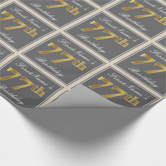 エレガントグレー、フェイク金ゴールド77番目の誕生日+名前 ラッピングペーパー (角)