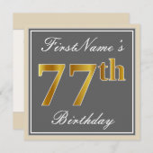 エレガントグレー、フェイク金ゴールド77番目の誕生日+名前 招待状 (正面/裏面)