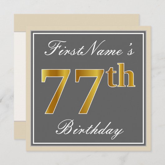 エレガントグレー、フェイク金ゴールド77番目の誕生日+名前 招待状 (正面/裏面)