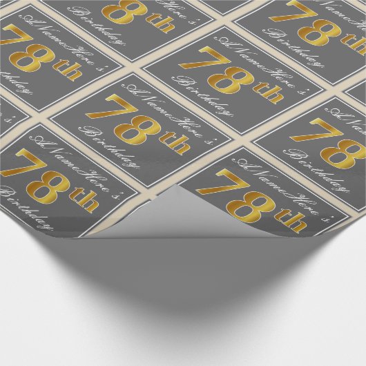 エレガントグレー、フェイク金ゴールド78番目の誕生日+名前 ラッピングペーパー (角)