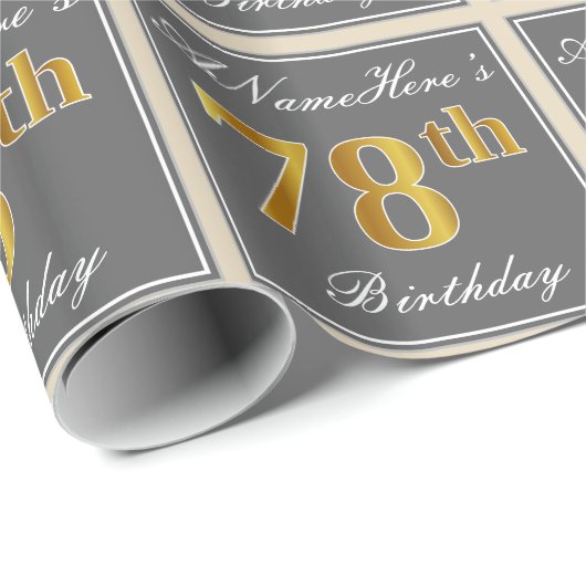 エレガントグレー、フェイク金ゴールド78番目の誕生日+名前 ラッピングペーパー (ロールコーナー)