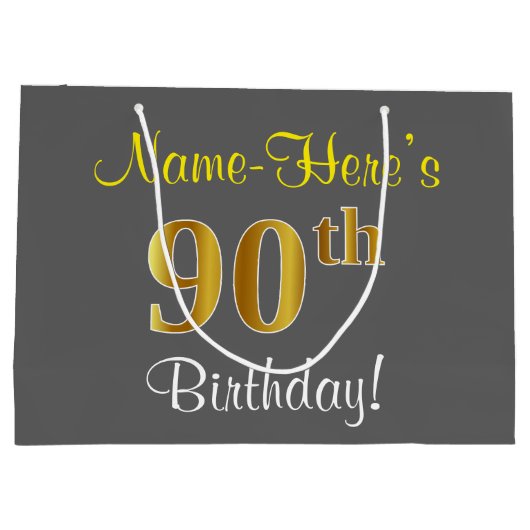 エレガントグレー、フェイク金ゴールド90番目の誕生日+名前 ラージペーパーバッグ (裏面)