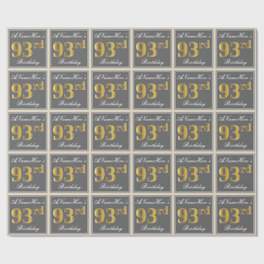 エレガントグレー、フェイク金ゴールド93番目の誕生日+名前 ラッピングペーパー (フラット)