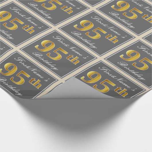 エレガントグレー、フェイク金ゴールド95番目の誕生日+名前 ラッピングペーパー (角)