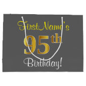 エレガントグレー、フェイク金ゴールド95番目の誕生日+名前 ラージペーパーバッグ (裏面)