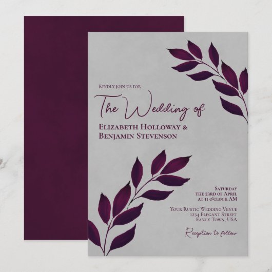 エレガントグレーWeddingと wistful カシス 紫の葉 招待状 (正面/裏面)