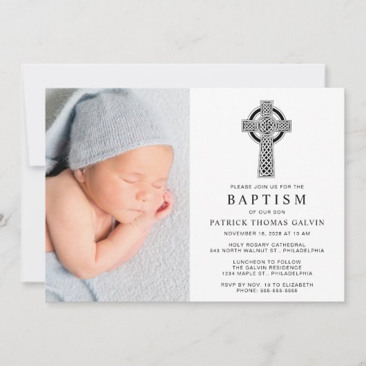エレガントケルト十字写真バプテスマ 招待状 (正面)
