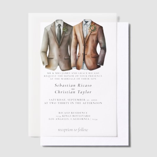 エレガントゲイ結婚のスーツを着た二室 ベラム紙招待状 (オフセット)