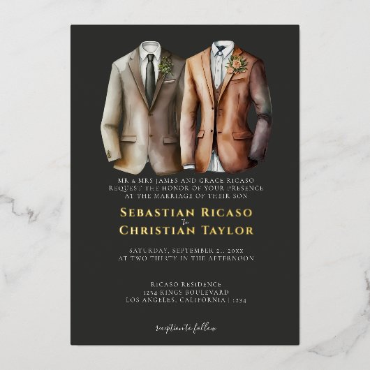 エレガントゲイ結婚のスーツを着た二室 箔招待状 (正面)