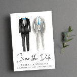 エレガントゲイ結婚のTuxedo水彩画 セーブザデート<br><div class="desc">とシックなエレガントないフォトゲイメンズ結婚式は、青いアクセントと"日付を保存"スクリプトで2つの灰色と黒のtuxedo水色と日付の発表を保存スタイリッシュする。名前、日付、および結婚場所をタイポグラフィに追加モダンする。</div>