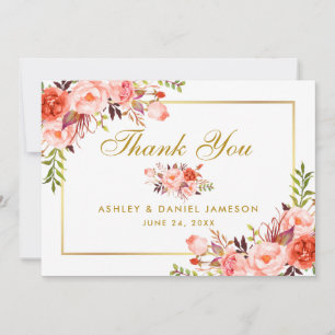エレガントコーラルフローラ金ゴールド結婚ズ サンキューカード