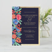 エレガントコーラルブルー金ゴールドフローラウォーター結婚カラー 招待状 (スタンド正面)