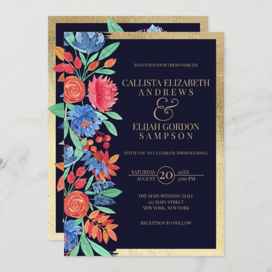 エレガントコーラルブルー金ゴールドフローラウォーター結婚カラー 招待状 (正面/裏面)