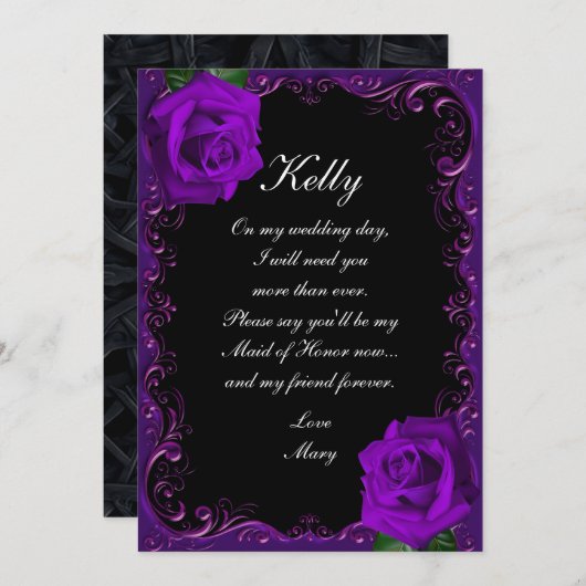 エレガントゴシックパープルバラメイド・オブ・オーナー（花嫁付き添い人） 招待状 (正面/裏面)