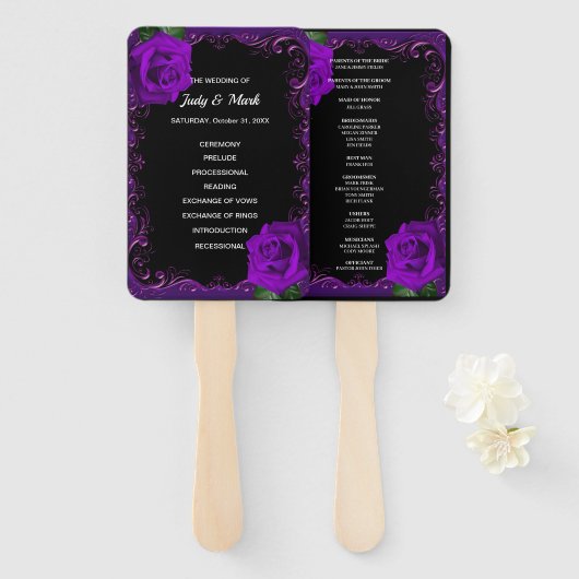 エレガントゴシックパープルバラ結婚式 プログラムファン ハンドファン (正面&裏面)