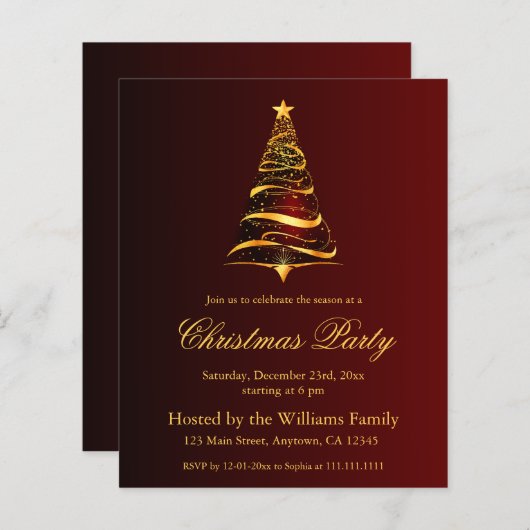 エレガントゴールデンクリスマスツリーパーティーバジェットカード (正面/裏面)