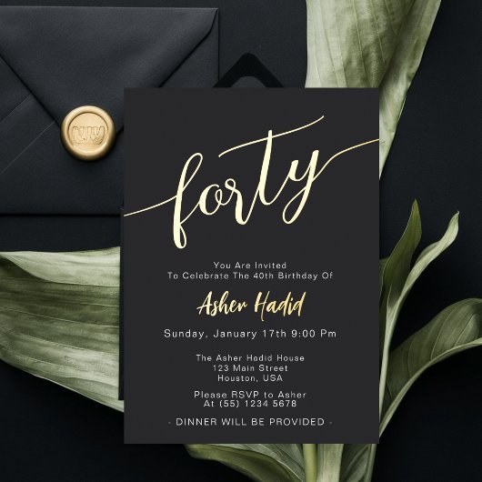 エレガントゴールデンスクリプト40歳パーティー 箔招待状