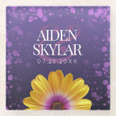 エレガントゴールデンデイジーとパープルグリッター結婚ズ ガラスコースター (正面)