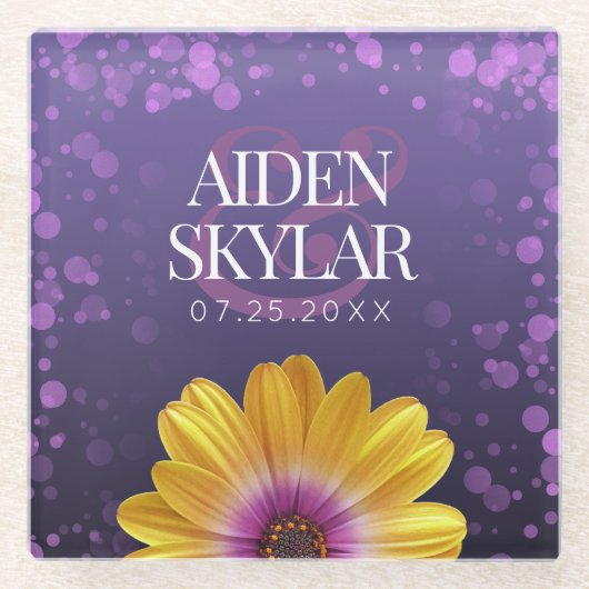エレガントゴールデンデイジーとパープルグリッター結婚ズ ガラスコースター (正面)
