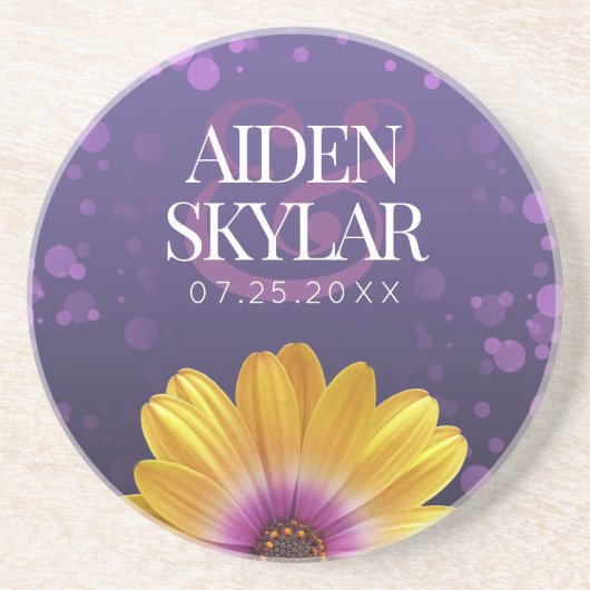 エレガントゴールデンデイジーとパープルグリッター結婚ズ コースター (正面)