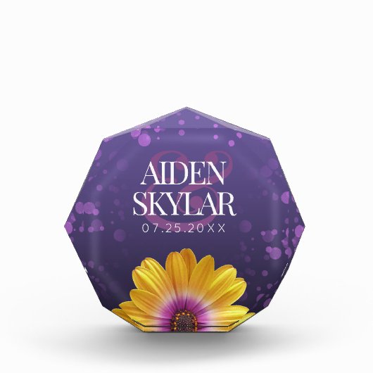 エレガントゴールデンデイジーとパープルグリッター結婚ズ フォトブロック (正面)