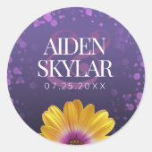 エレガントゴールデンデイジーとパープルグリッター結婚ズ ラウンドシール (正面)