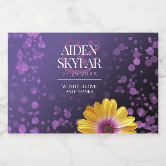 エレガントゴールデンデイジーとパープルグリッター結婚ズ リキュールボトルラベル (シングルラベル)