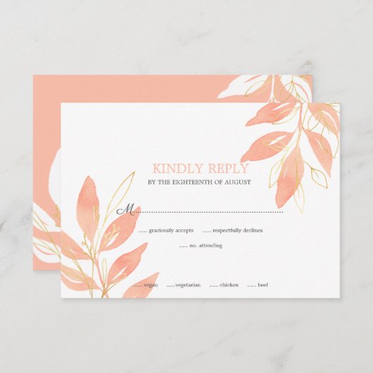 エレガントゴールデンピーチウォーターフローラ結婚ズ 出欠カード (正面/裏面)