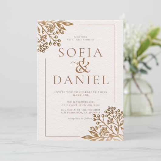 エレガントゴールデンフローラベージュ結婚ズ 招待状 (スタンド正面)