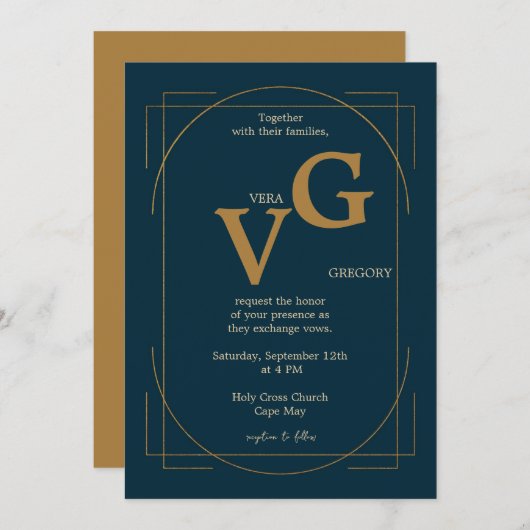 エレガントゴールデンモダンラ結婚イン 招待状 (正面/裏面)