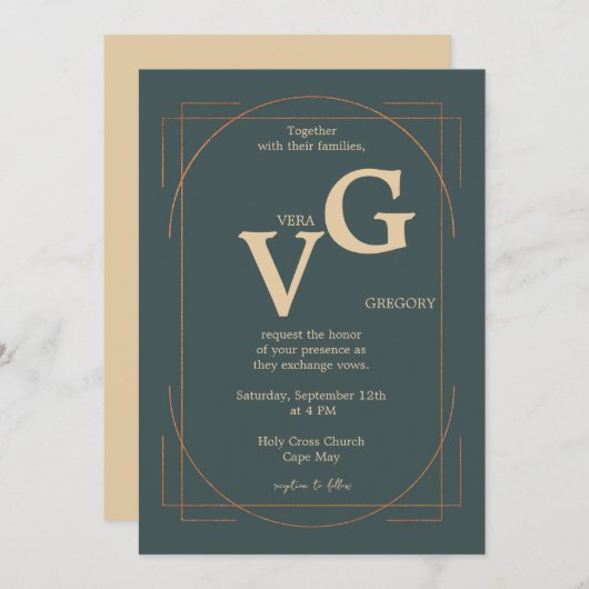 エレガントゴールデンモダンラ結婚イン 招待状 (正面/裏面)