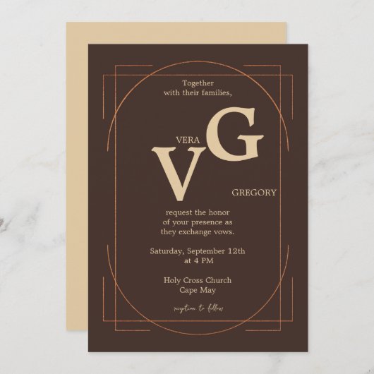 エレガントゴールデンモダンラ結婚イン 招待状 (正面/裏面)