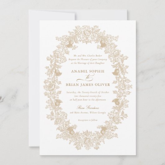 エレガントゴールデンヴィンテージフローラ結婚オーナメント 招待状 (正面)