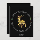 エレガントゴールドのトナカイ新年カード – ラグジュアリー ブラック シーズンカード (正面/裏面)