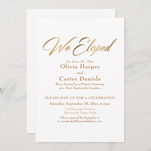 エレガントゴールドカリグラフィー 私たちだけで挙式 説明文 招待状 (正面/裏面)