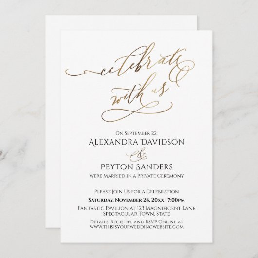 エレガントゴールドスクリプト 私たちと一緒に祝いましょう レセプション 招待状 (正面/裏面)