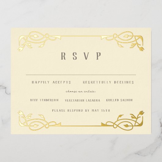 エレガントゴールドフォイルアールヌーボーRSVP 箔招待状ポストカード (正面)