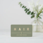 エレガントゴールドヘアシザーズヘアスタイリストセージグリーン 名刺 (スタンド正面)
