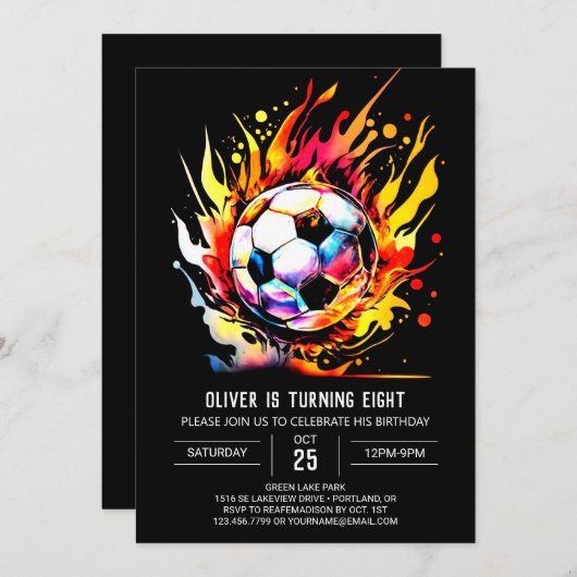 エレガントゴール印字可能サッカー誕生日 招待状 (正面/裏面)
