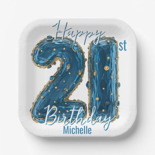 エレガントサファイアブルー&金ゴールド21歳の誕生日 ペーパープレート (正面)