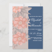 エレガントサンゴネイビーブルーソフトグレー結婚フローラ 招待状 (正面)
