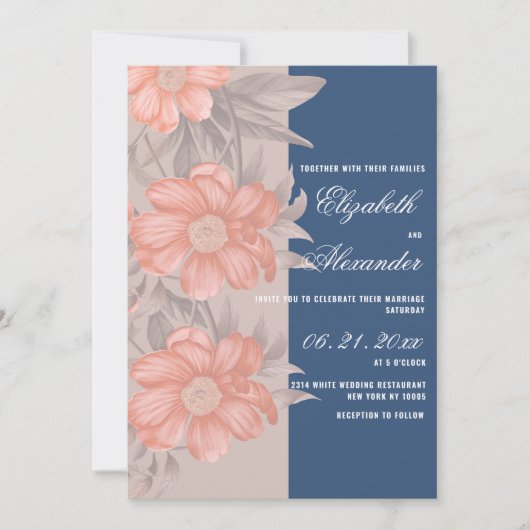 エレガントサンゴネイビーブルーソフトグレー結婚フローラ 招待状 (正面)