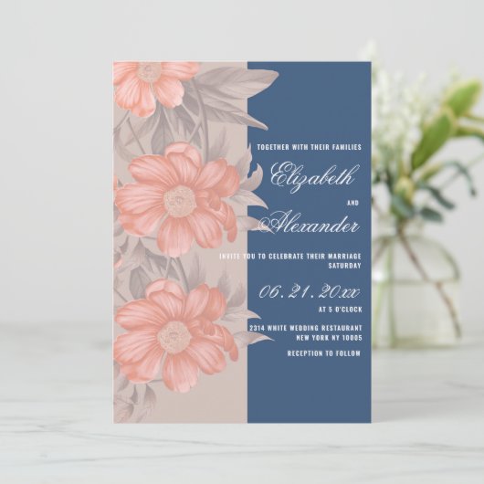 エレガントサンゴネイビーブルーソフトグレー結婚フローラ 招待状 (スタンド正面)