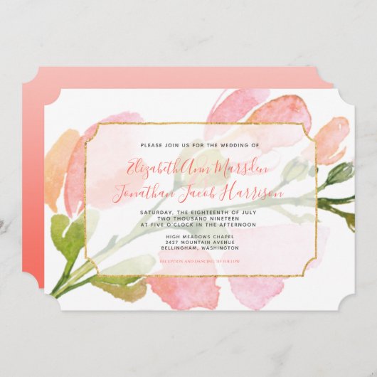 エレガントサンゴフローラグラデーション金ゴールド幾何結婚図形 招待状 (正面/裏面)