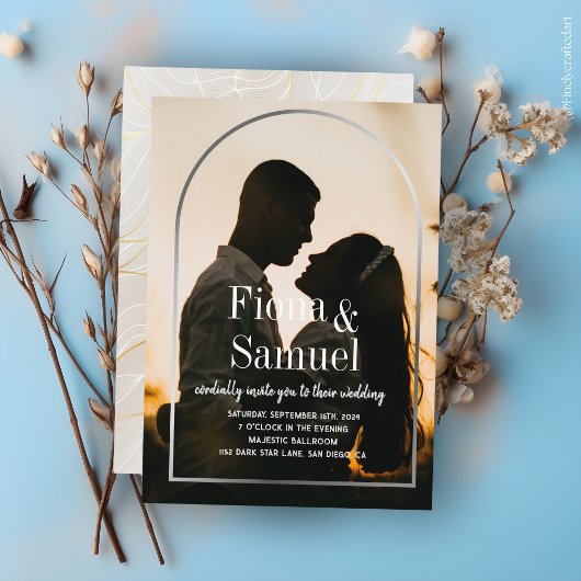 エレガントサンセットカスタムゴールデン結婚フォト 招待状